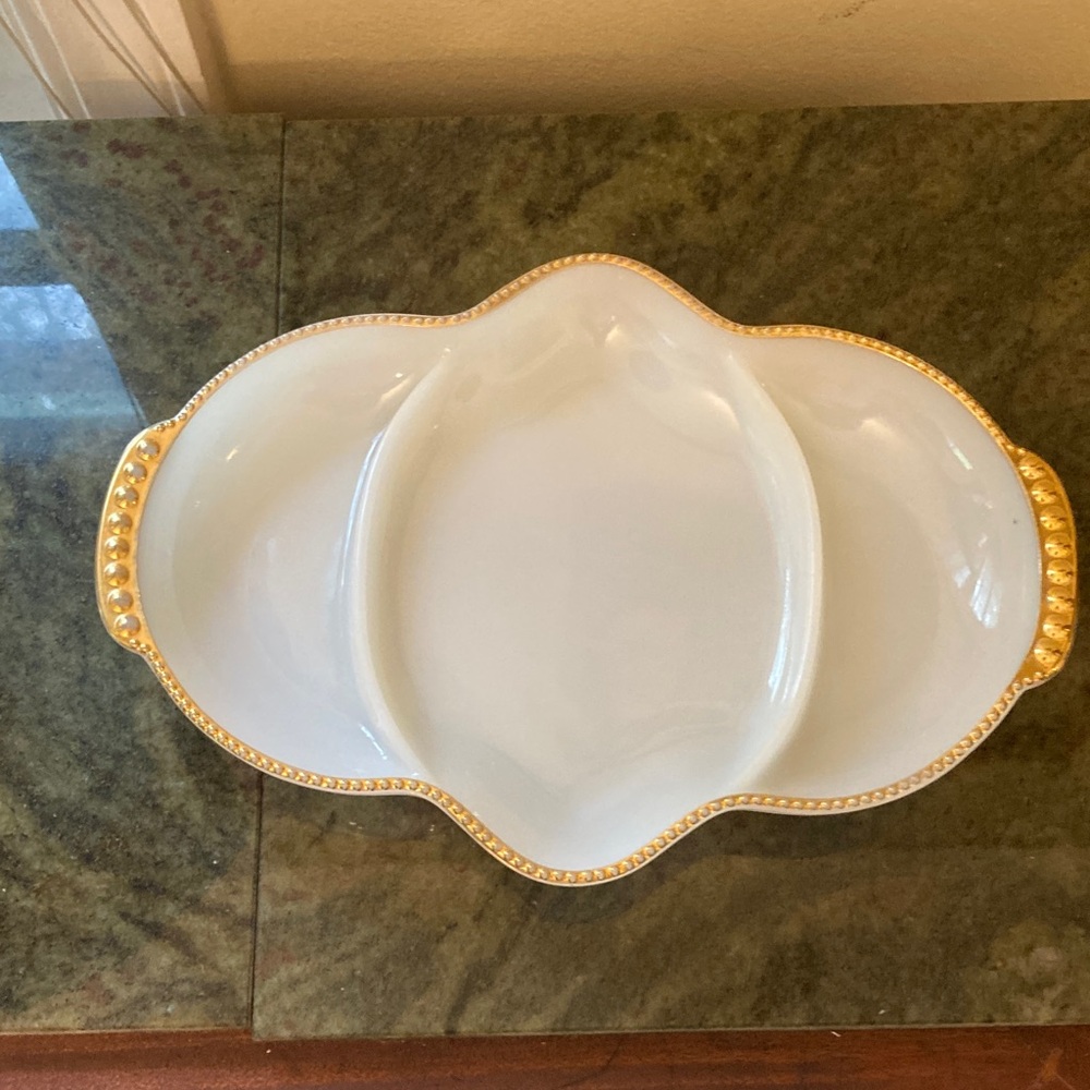 Vintage Fire king oven ware  Elegant White and Gold Divided Serving Platter